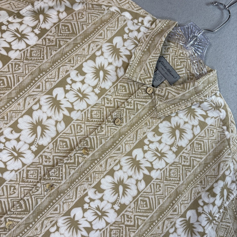 Eddie Bauer Men XL Tall Button Up Shirt Weathered Linen Leaf Print Hawaiian Y2K